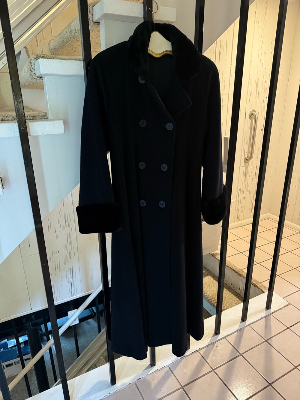 Women's Black Double-Breasted High End Coat with Faux Fur Trim